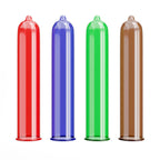 Four coloured Pasante Taste Flavours condoms are shown in a row against a white background: red, blue, green, and brown.