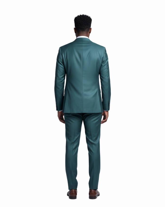 Pierre Carlos Solid Green Slim Fit Double Breasted Stretch Suit with Buckle Closure