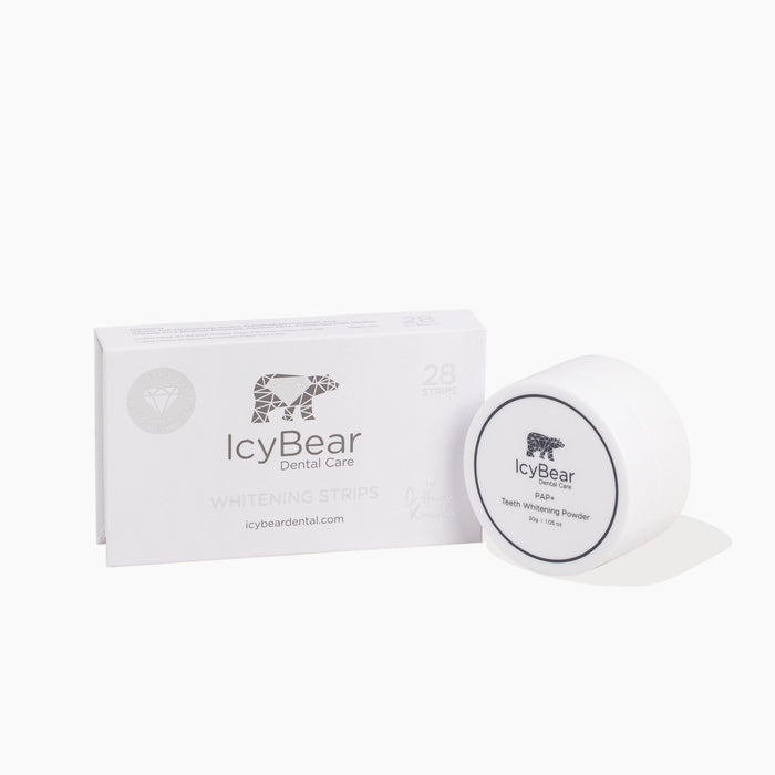 Icy Bear Dental Care Powder and Strips Duo on a white background.