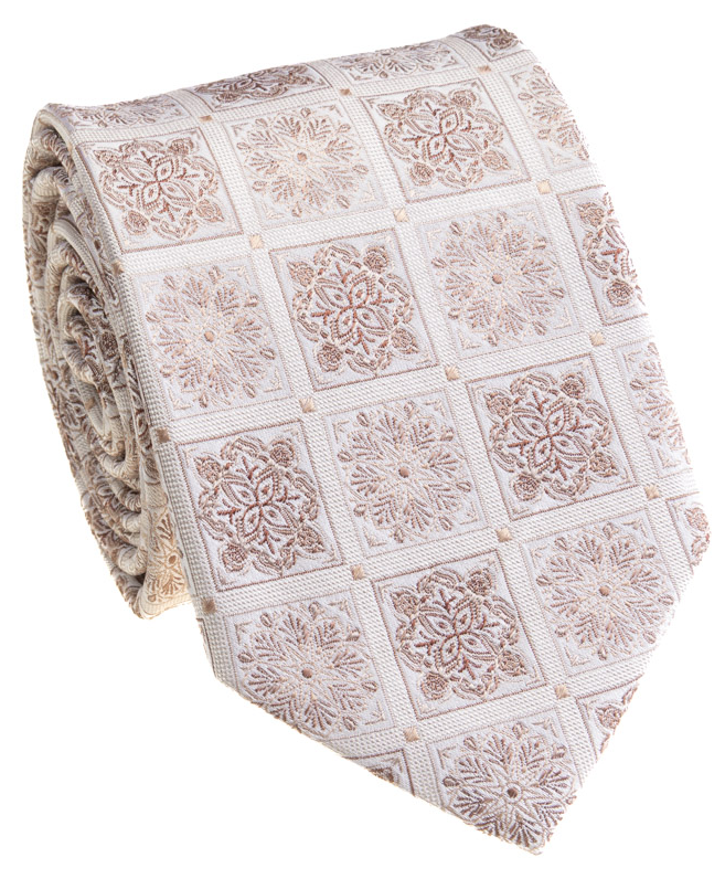 Premium Silk Ecru Floral Square Medallion Silk Hand-Made Tie