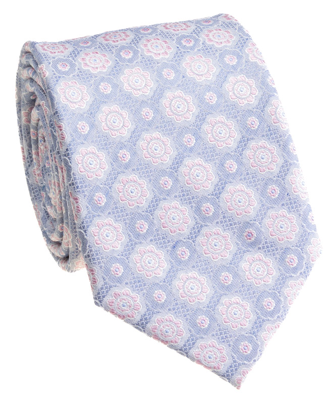 Premium Silk Light Blue & Pink Floral Medallion Silk Hand-Made Tie