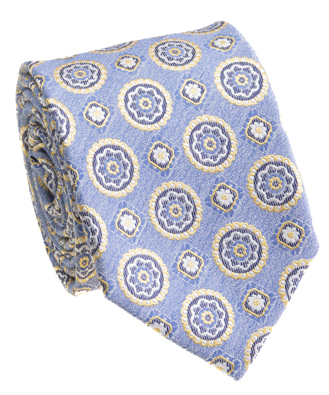 Premium Silk Light Blue & Yellow Floral Medallion Silk Hand-Made Tie