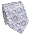 Premium Silk Silver & Blue Floral Square Medallion Silk Hand-Made Tie