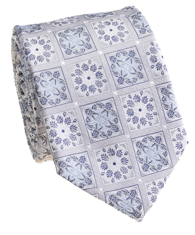 Premium Silk Silver & Blue Floral Square Medallion Silk Hand-Made Tie