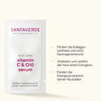 Santaverde Vitamin C & Q10 Serum – Naturkosmetik mit Aloe Vera, Produktdarstellung mit USPs und Anwendungsvorteilen auf hellem Hintergrund