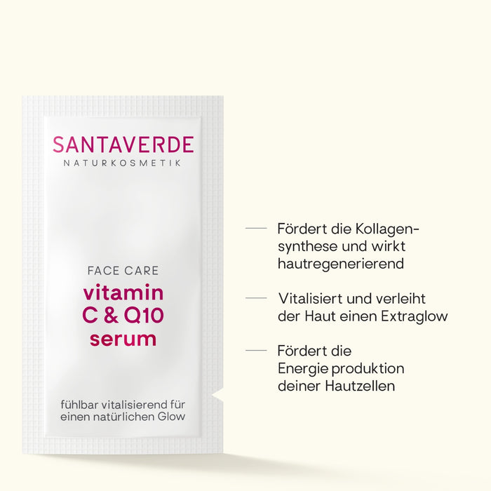 Santaverde Vitamin C & Q10 Serum – Naturkosmetik mit Aloe Vera, Produktdarstellung mit USPs und Anwendungsvorteilen auf hellem Hintergrund