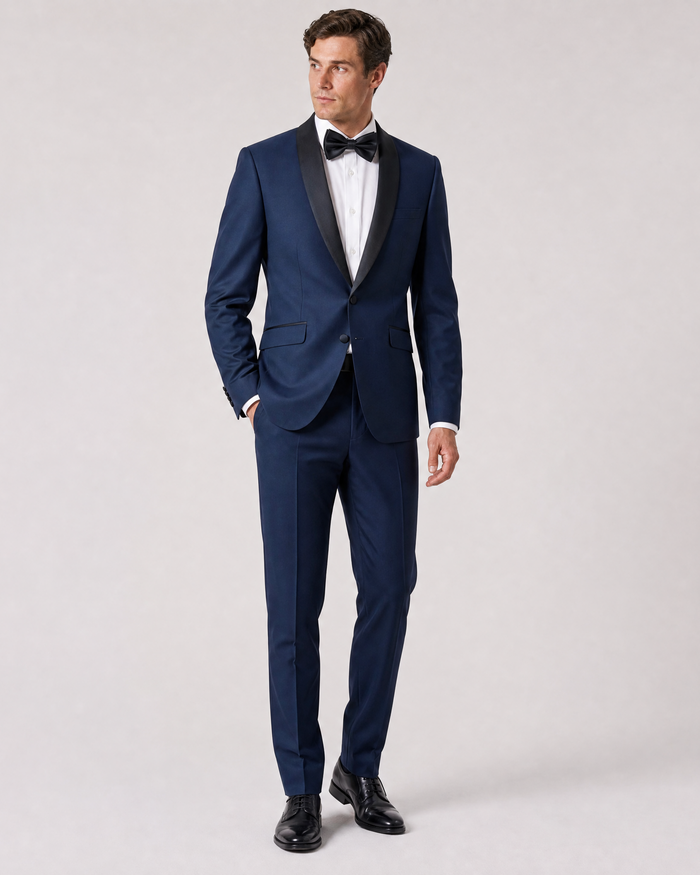 Profile Black Solid Navy Satin Shawl Lapel Slim Fit 2-Button Tuxedo - 42S