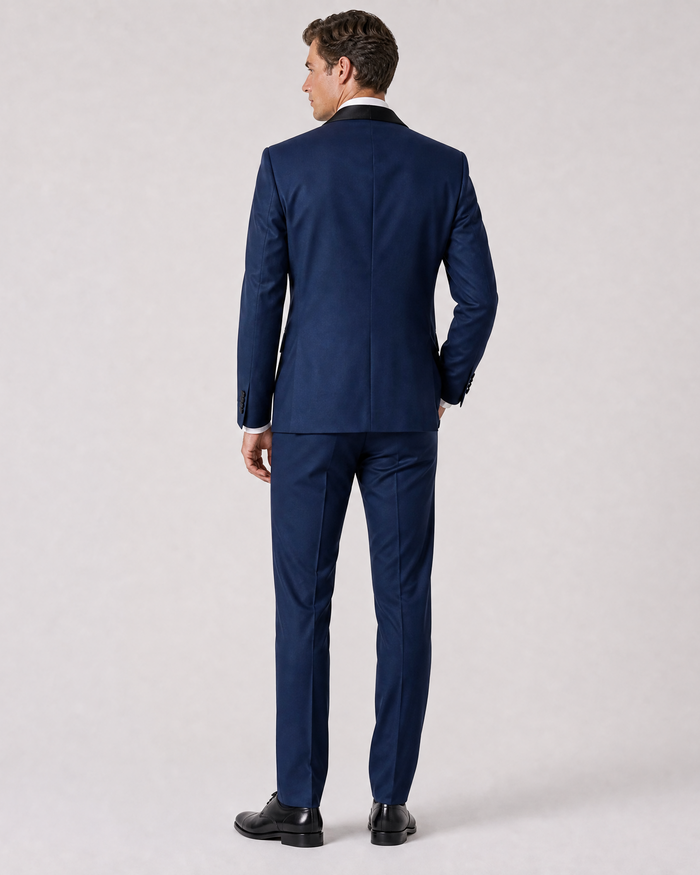 Profile Black Solid Navy Satin Shawl Lapel Slim Fit 2-Button Tuxedo - 44S