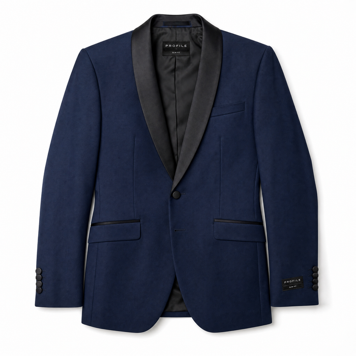 Profile Black Solid Navy Satin Shawl Lapel Slim Fit 2-Button Tuxedo - 44S