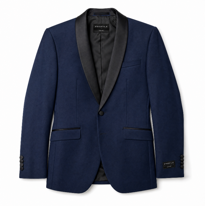 Profile Black Solid Navy Satin Shawl Lapel Slim Fit 2-Button Tuxedo - 48R