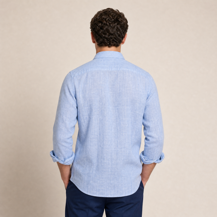 Proper Mens Blue Contemporary Fit Spread Collar 100% Linen Dress Shirt