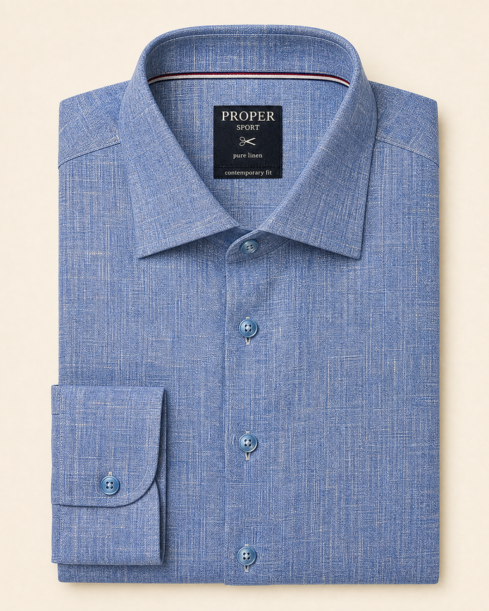 Proper Mens Blue Contemporary Fit Spread Collar 100% Linen Dress Shirt