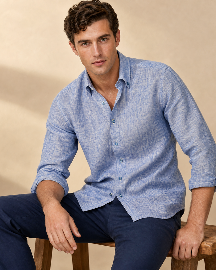 Proper Mens Blue Contemporary Fit Spread Collar 100% Linen Dress Shirt