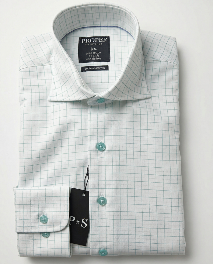 Proper Shirtings Grid Check White & Sage Contemporary Fit Spread Collar Wrinkle Free Cotton Dress Shirt
