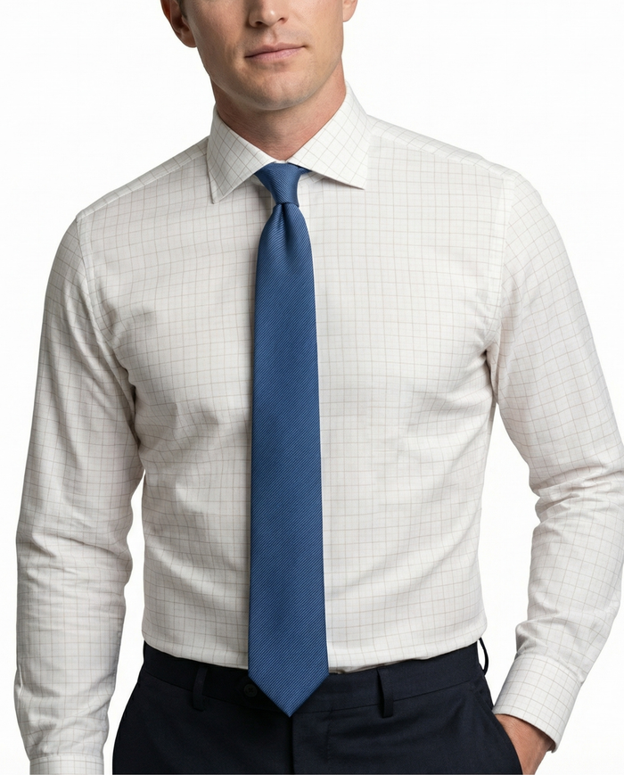Proper Shirtings Grid Check White & Sand Contemporary Fit Spread Collar Wrinkle Free Cotton Dress Shirt