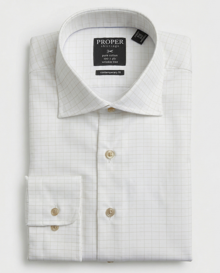 Proper Shirtings Grid Check White & Sand Contemporary Fit Spread Collar Wrinkle Free Cotton Dress Shirt