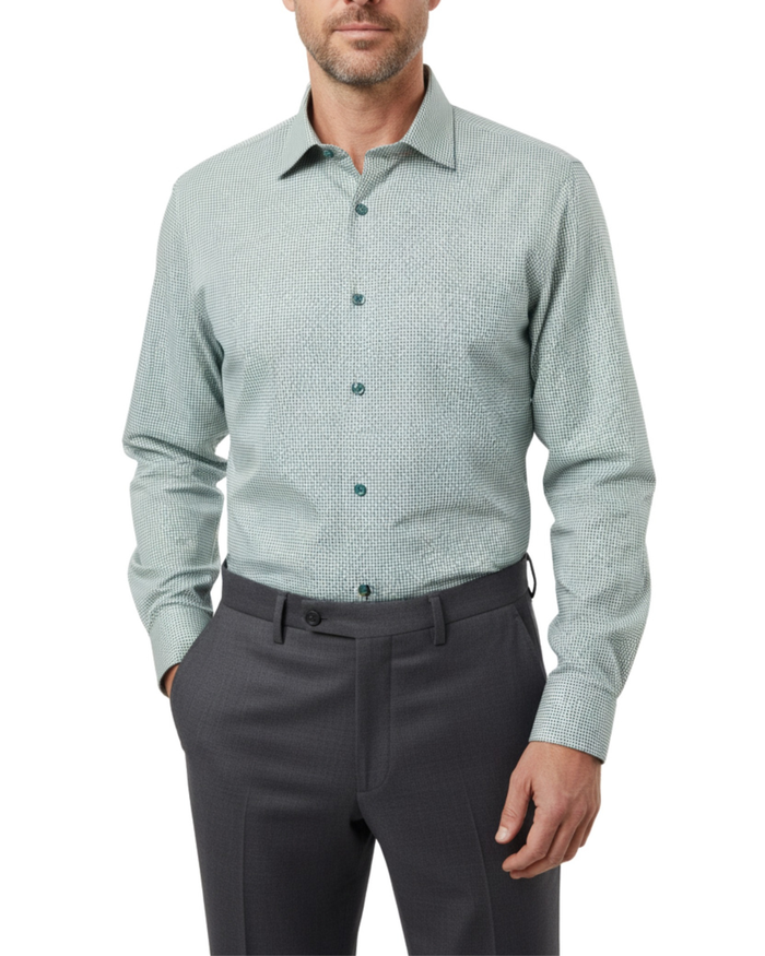 Proper Shirtings Hunter Green Grid Windowpane Slim Fit Cotton Spread Collar Wrinkle Free Dress Shirt