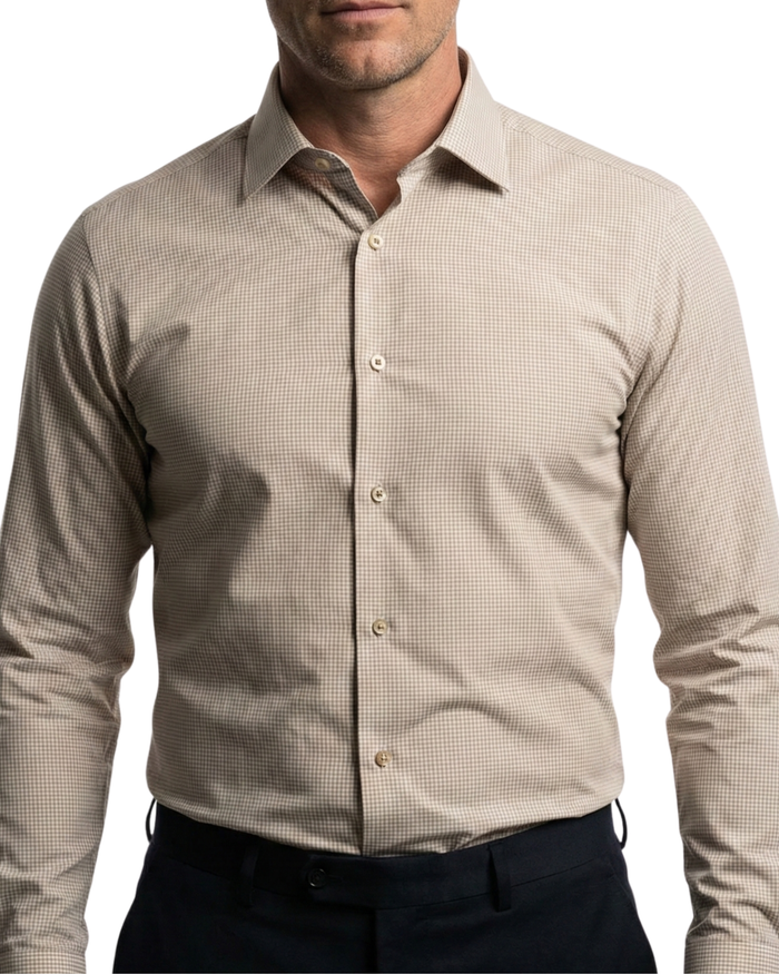 Proper Shirtings Tan Grid Windowpane Contemporary Fit Cotton Spread Collar Wrinkle Free Dress Shirt