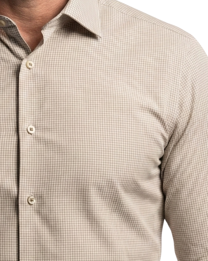 Proper Shirtings Tan Grid Windowpane Contemporary Fit Cotton Spread Collar Wrinkle Free Dress Shirt