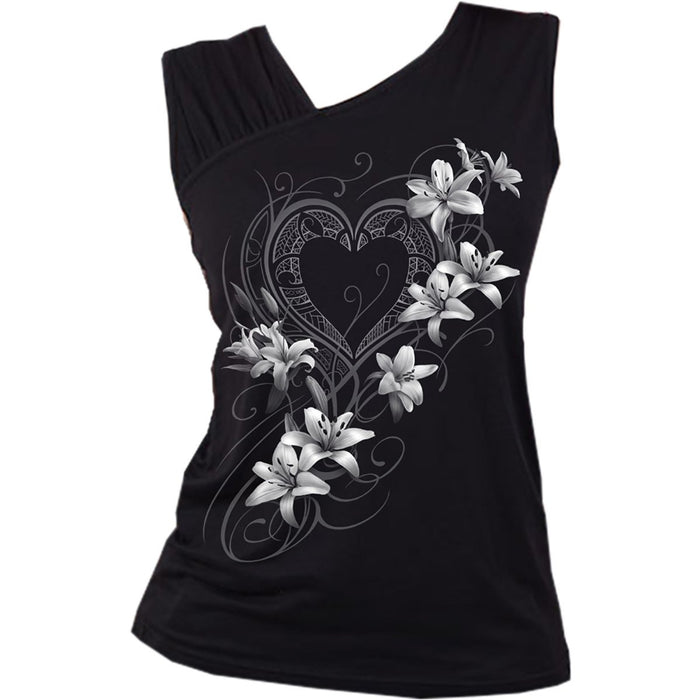 PURE OF HEART - Gathered Shoulder Slant Vest Black - Spiral USA