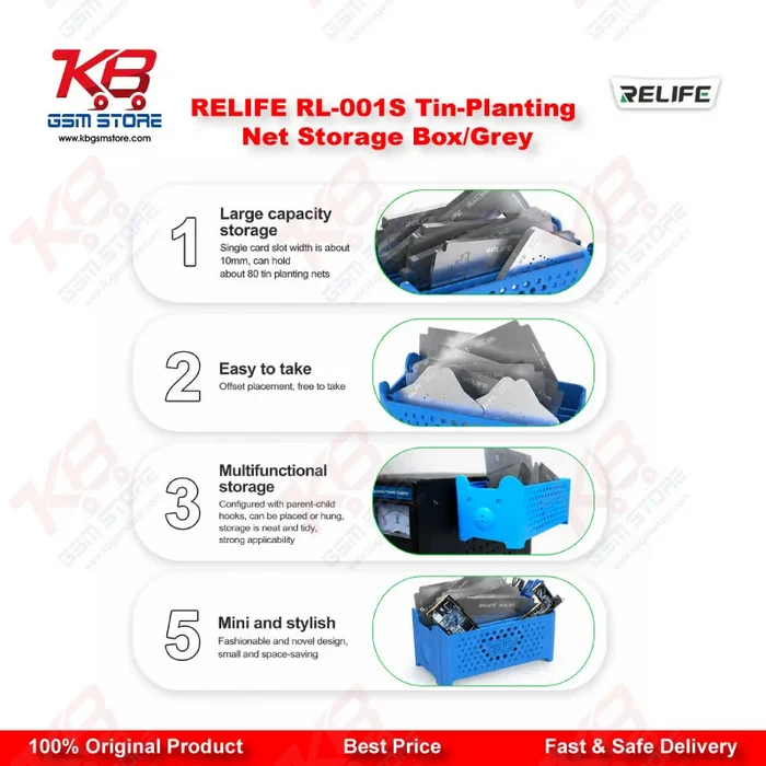 RELIFE RL-001S Tin-Planting Net Storage Box (Grey) – BGA Stencil Organizer for Mobile Repair Workshops