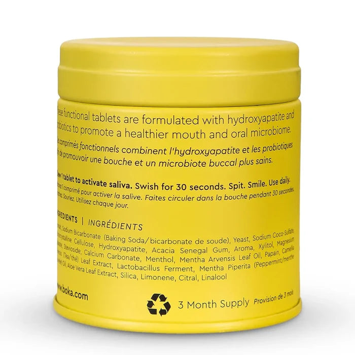 Yellow container with text and a recycling symbol on a white background