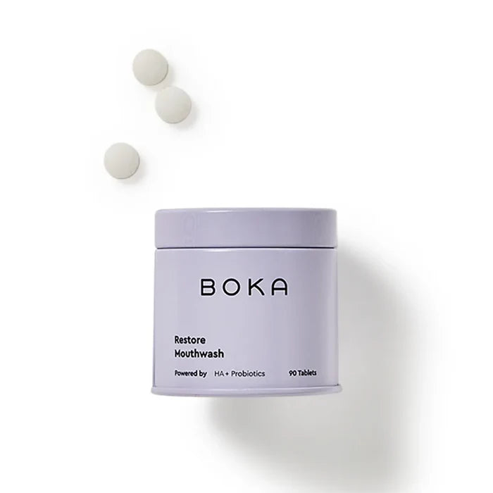Boka Restore Mouthwash container with tablets on a white background