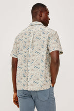 Rhodes Boxy Button-Up Shirt in Crepe With Back Box Pleat, Vintage-Inspired Notched Collar, Front Buttons, and Short Sleeves in Callalily Cream Colorway - Upper Body Back View Featured on Model