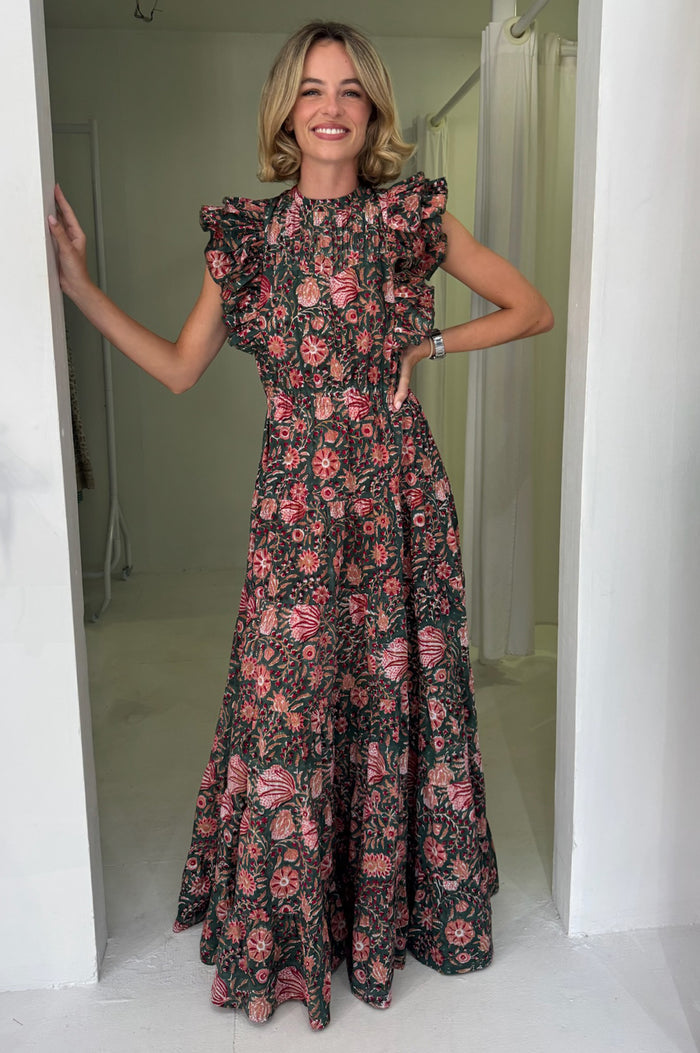 Rose Frill Maxi Dress | Khaki/Orange