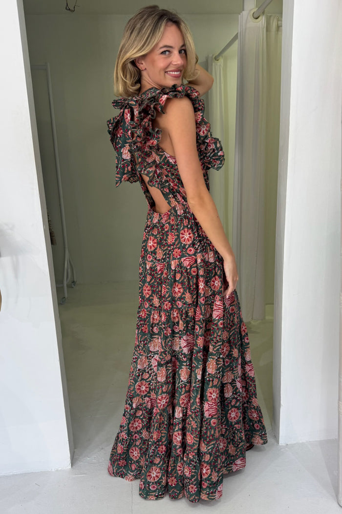 Rose Frill Maxi Dress | Khaki/Orange