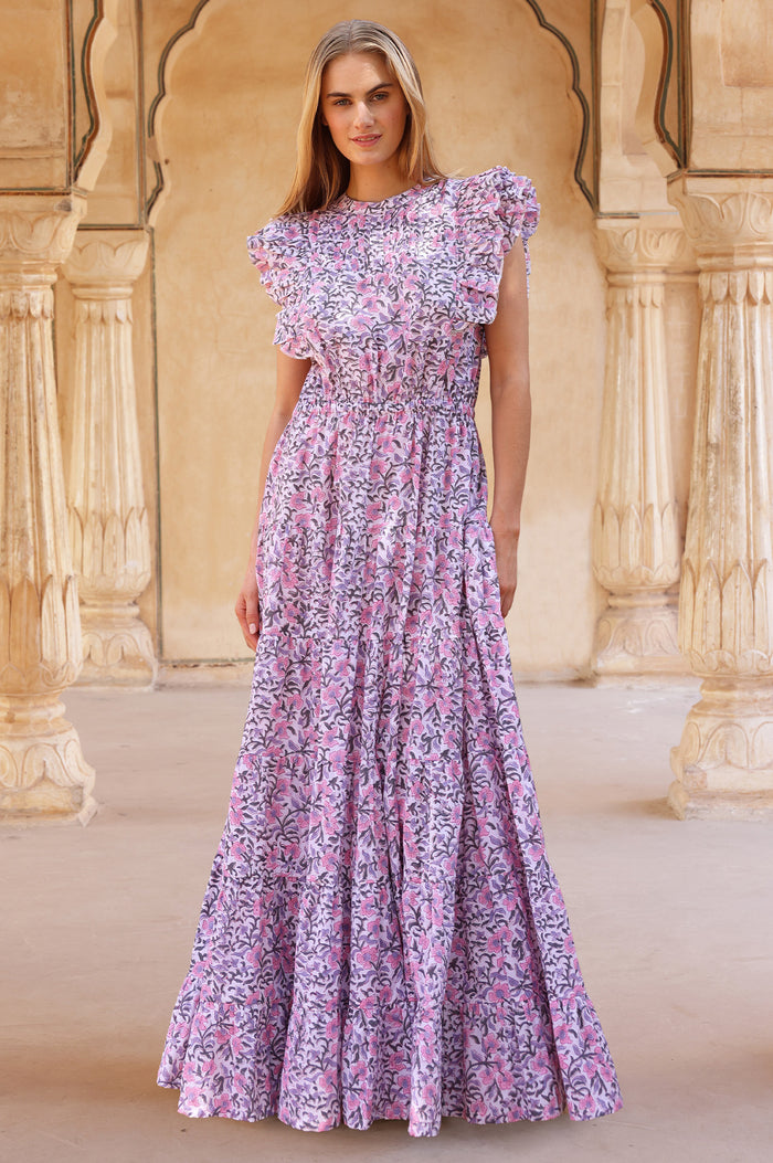 Rose Frill Maxi Dress | White/Green/Pink
