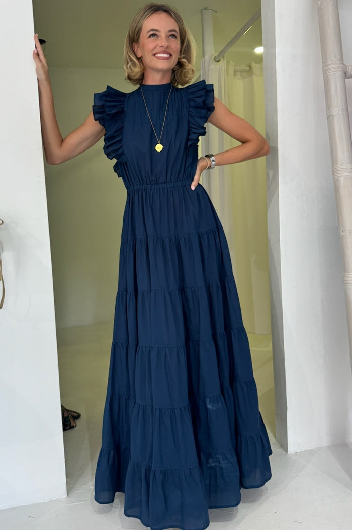 Rose Frill Maxi Dress | Navy - Aspiga