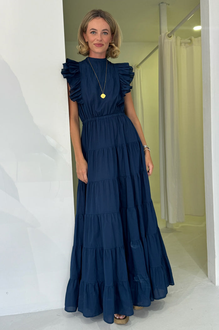Rose Frill Plain Maxi Dress | Navy