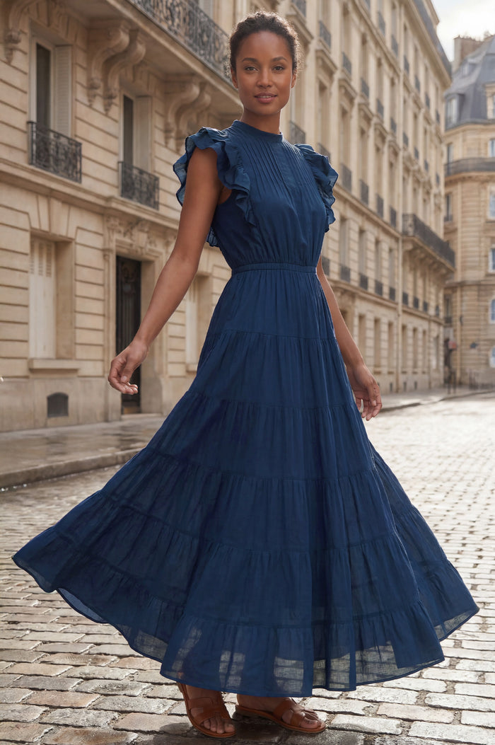 Rose Frill Plain Maxi Dress | Navy