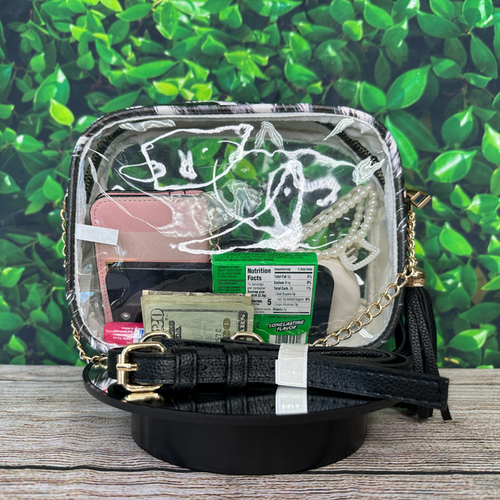 clear crossbody bag, stadium clear bag, concert clear purse, PVC crossbody bag, faux leather clear bag, stadium approved bag, gold accent clear bag, see through concert purse, transparent crossbody, clear bag with tassel, festival ready clear bag, event clear crossbody, trendy stadium purse, concert event bag, hands-free clear bag, stadium style bag, chic transparent purse, fringe clear crossbody, sports event clear bag, music festival bag, fashion stadium bag