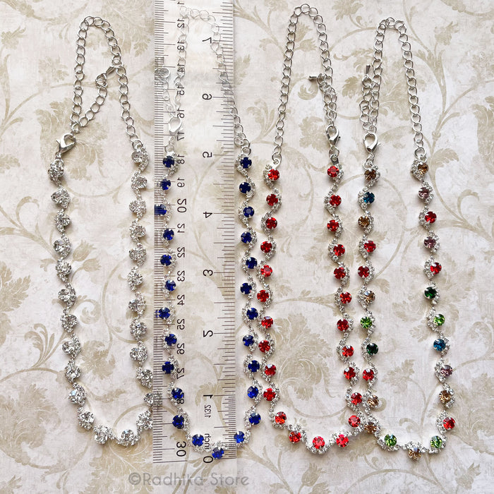 Scalloped Rhinestone - Deity Necklace And Earrings Set-Choose- Clear Diamond-Sapphire Blue or Ruby Red- Size 5 Inch Large