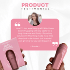 Customer testimonial praising the effectiveness of Slick Oil Absorbing Volcanic Roller [Removes Oil & Shine] | Dreambox Beauty for oily skin, with product and packaging shown in pink.