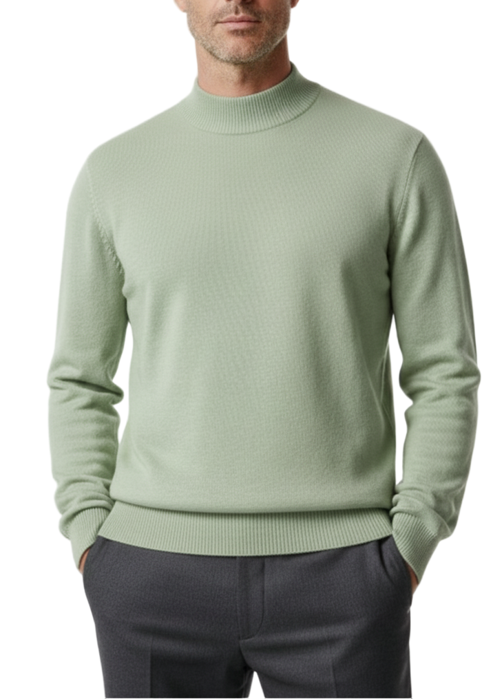 Solid Sage Green Pullover Cotton Blend Mock Neck Sweater