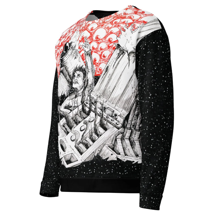 Space is an Ocean Sweatshirt - The jarring horizon line separating the crimson eye-filled sky (#E3242B) from the stippled void-black cosmic depths (#050505).