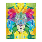 A majestic lion's head is rendered in a vibrant low-poly geometric style, composed of sharp tessellated triangles (mimicking stained glass or futuristic wireframes). Contact us with accessibility feedback, we'd love to help!