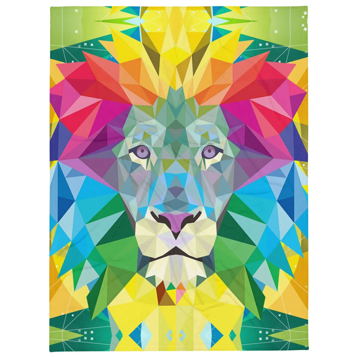 Spiritual Lion Plush Blanket - The fragmented, tessellated construction of the mane shifting from deep magenta (#DC143C) to electric daffodil (#FFD700), mimicking the ubiquitous "low-poly" desktop wallpaper style of 2014.