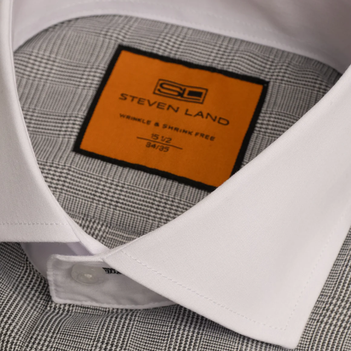 Steven Land Black Glen Check Spread Collar French Cuffs Wrinkle & Shrink Free Cotton Dress Shirt - The Suit Depot