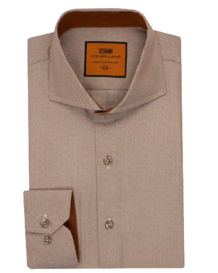 Steven Land Brown Micro Check Regular Fit Cutaway Collar Wrinkle & Shrink Free Cotton Dress Shirt