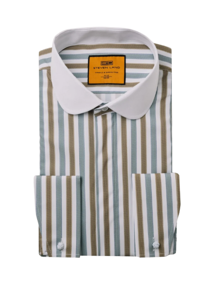 Steven Land Brown & Sage Striped Club Collar French Cuff 100% Cotton Wrinkle & Shrink Free Dress Shirt