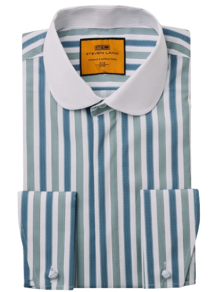 Steven Land Green & Teal Striped Club Collar French Cuff 100% Cotton Wrinkle & Shrink Free Dress Shirt - The Suit Depot