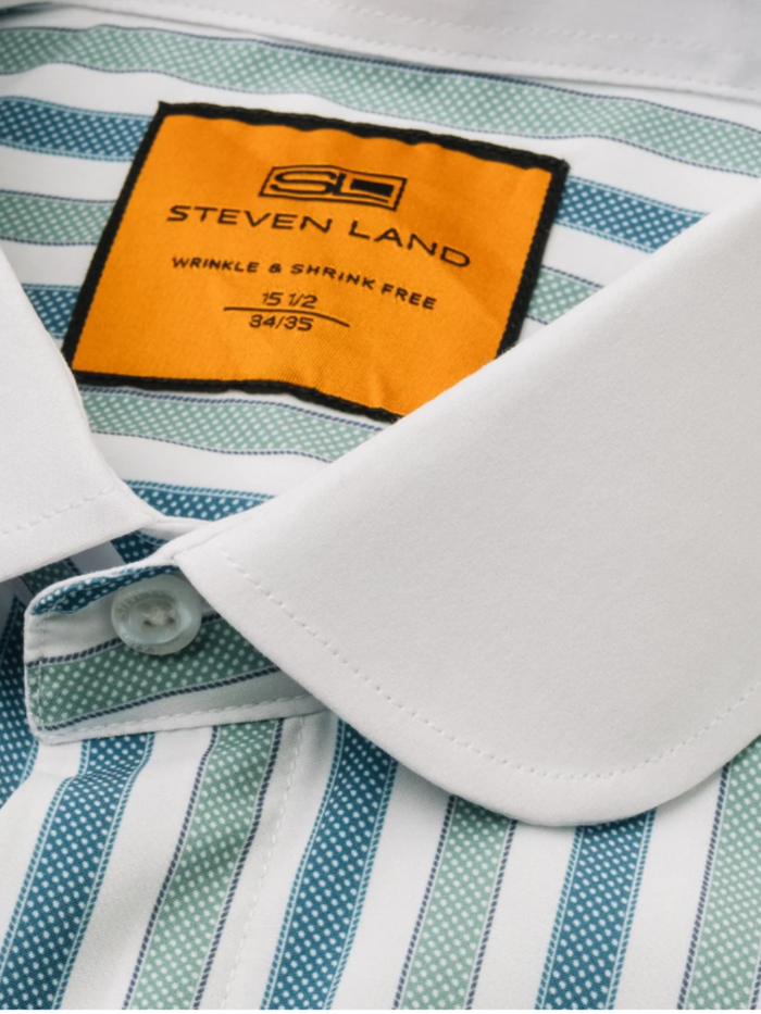 Steven Land Green & Teal Striped Club Collar French Cuff 100% Cotton Wrinkle & Shrink Free Dress Shirt - The Suit Depot