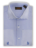 Steven Land Mens Blue Check Spread Collar French Cuff 100% Cotton Dress Shirt