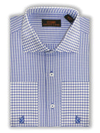 Steven Land Mens Blue Check Spread Collar French Cuff 100% Cotton Dress Shirt