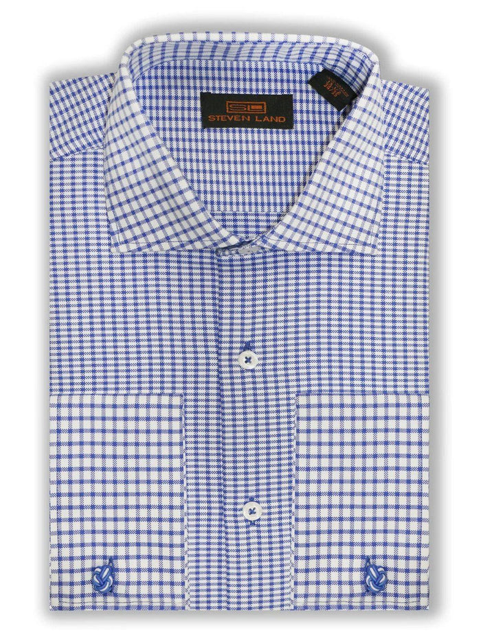 Steven Land Mens Blue Check Spread Collar French Cuff 100% Cotton Dress Shirt