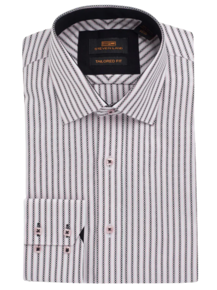 Steven Land Mens Classic Fit Black & Pink Striped 100% Cotton Dress Shirt